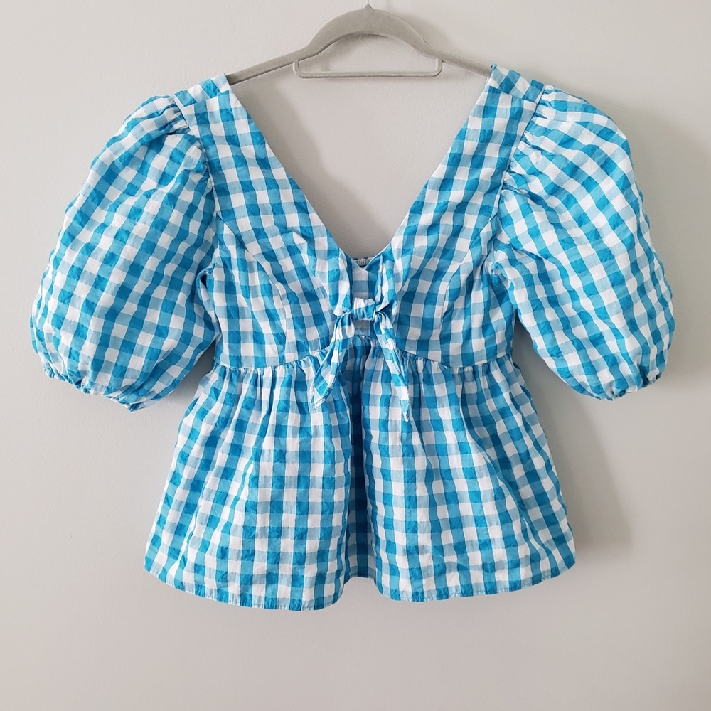 Lilly Pulitzer Sarafina Babydoll Gingham Top Size 2 Cottagecore Picnic Puff Sl
